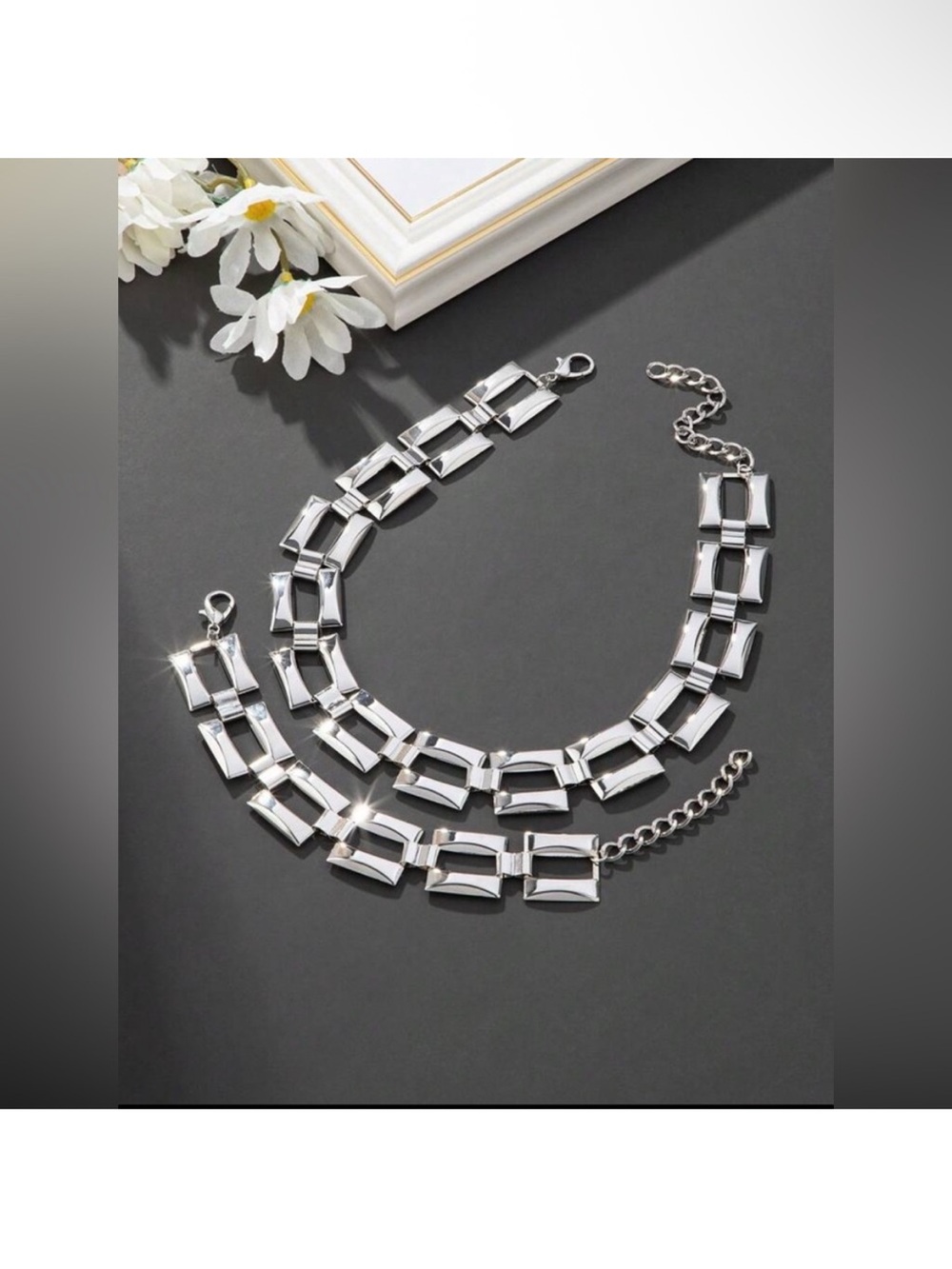 Modern Geometric Silver Necklace and Bracelet Set nwot - Picture 2 of 3